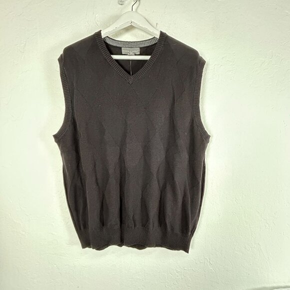 Tricots St Raphael Mens V-Neck Argyle Sweater Vest XL Black Cotton Pullover New - Picture 1 of 8